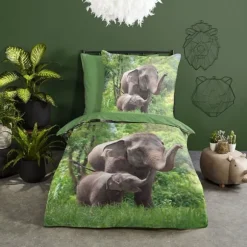 Good Morning Elephants Dekbedovertrek - Green - 140 x 220 cm