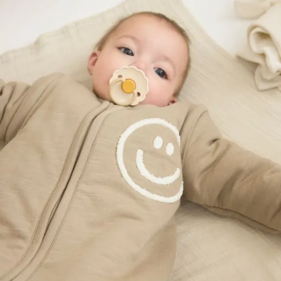 Meyco Slub Baby Slaapzak met Smile Applicatie en Afritsbare Mouwen - Taupe/Offwhite - 110 cm